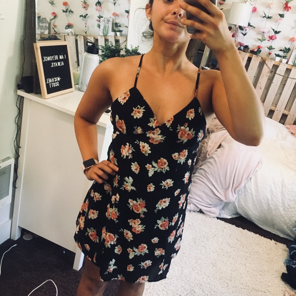 Black Floral Sweetheart Dress With Pink Flowers